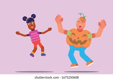 Characters of a cute girl cheering cheerfully with a fat boy wearing a costume, Halloween theme. Simple character vector illustration, this illustration can use as a sticker also.