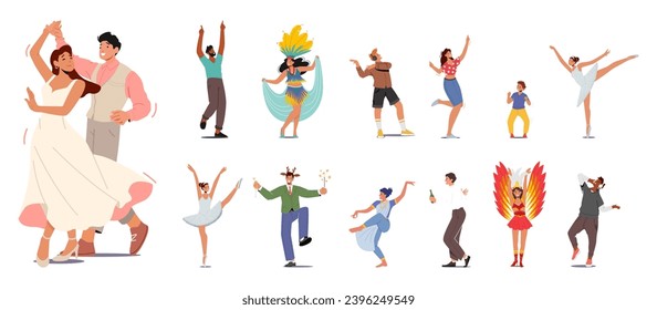 Los Personajes Bailan Alegremente, Sus Movimientos Se Sincronizan Con Los Golpes Rítmicos. La Risa Y Las Sonrisas Crean Un Ambiente Animado, Haciendo Que El Momento Sea Inolvidable. Ilustración vectorial de personas de caricatura, set