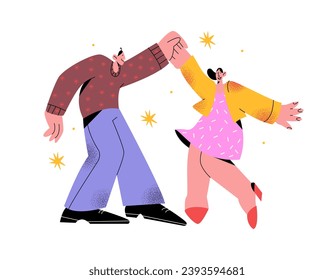 Los personajes bailan hombre y mujer. Caricatura de baile de bolas sobre movimientos de baile de personas. Las parejas bailan coqueteo, relaciones, amor. Ilustración de vectores