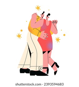 Los personajes bailan hombre y mujer. Caricatura de baile de bolas sobre movimientos de baile de personas. Las parejas bailan coqueteo, relaciones, amor. Ilustración de vectores