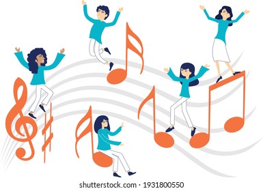 Characters dancing on a musical staff with notes
