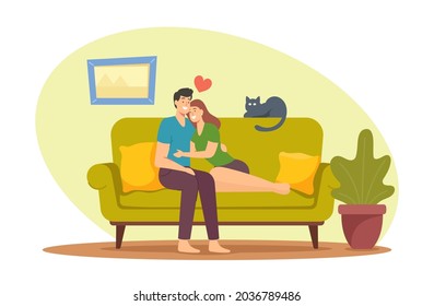 Characters Dating, Love, Spare Time Leisure Concept. Young Loving Couple Hug Sitting on Couch at Home. Man Embrace Woman on Sofa in Living Room, Romantic Relations. Cartoon People Vector Illustration