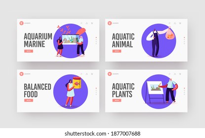 Characters Decorate Aquarium with Aquatic Decor for Fish Landing Page Template Set. People Put Seaweeds and Decoration on Bottom, Care of Pets, Aquaristics Hobby. Cartoon Vector Illustration