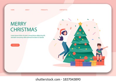 Characters decoration. Young beautiful mother and son decorate Christmas tree. Gifts under christmas tree.