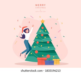 Characters decoration. Young beautiful woman decorate Christmas tree. Gifts under christmas tree.