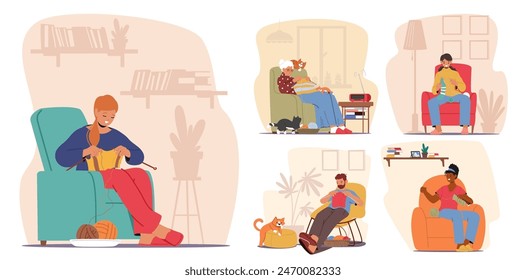 Characters Deeply Engaged In Knitting. Each Person, Depicted In Separate Cozy Room Setting, Focuses Intently On Their Yarn Projects, Atmosphere Radiates Relaxation, Creativity, And The Joy Of Hobbies