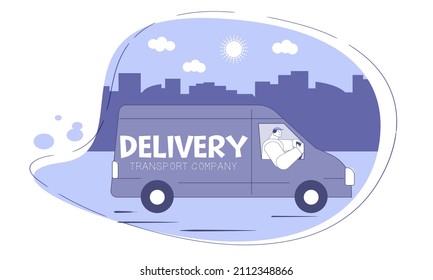 Characters of the delivery service, in the car of a transport company in purple tones very peri