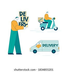 Characters of the delivery service. A courier holds boxes, a scooter with a courier, a cartoon character in the car of a transport company. Vector isolated illustration in flat style.