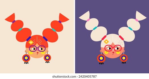 Characters design for 8th march, women's day. Vector bright colourful illustration with women's faces for holiday Women's day.