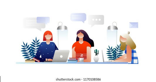  Characters design. Template vector illustration concept. Business women working, discuss news, social networks, chat, speech bubbles, new projects, deadline, team work, co working