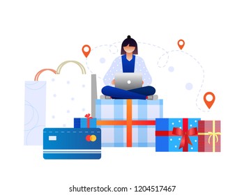 Characters design. Vector illustration, online shopping, credit card payment, gift card. Holiday presents, gifts. Tracking delivery 