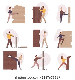 Characters destroying walls,success achieving metaphor. Employees and businessmen overcome obstacles, persons break barriers, concrete and bricks.
