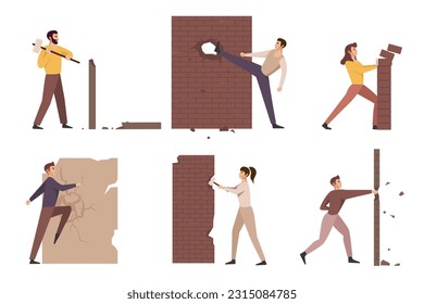 Characters destroying walls,success achieving metaphor. Employees and businessmen overcome obstacles, persons break barriers, concrete and bricks.