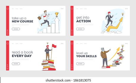 Characters Developing Mind Issues, Self Development or Education Landing Page Template Set. Business People Climbing on Chart and Books Ladder with Light Bulb on Top. Linear People Vector Illustration