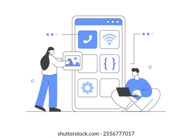 Characters developing new mobile app. Developers team programming and coding code and mobile user interface. Development process concept. Flat Cartoon Vector Illustration, icon. Stylish abstract
