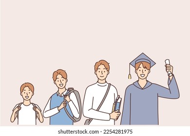 Characters of different ages - elementary school student, high school, college student, university student and graduate. Stages of growing up and growth of a student boy