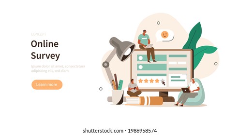 Charaktere mit verschiedenen Geräten, die in der Nähe des Computers sitzen, das Formular ausfüllen, positive Fünf-Sterne-Rückmeldung geben und Kommentare schreiben. User Experience Konzept. Flache Cartoon-Vektorgrafik.