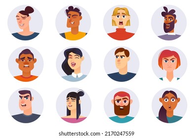 Caracteres con diferentes emociones, avatares aislados. Retratos de hombres y mujeres con sonrisa, expresiones felices, sorprendidas, tristes, enojadas, asustadas. Ilustración vectorial con personas en diseño de caricaturas planas