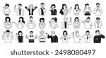 Characters with different gestures doodle line cartoon illustration set. Nonverbal communication signs linear vector people collection