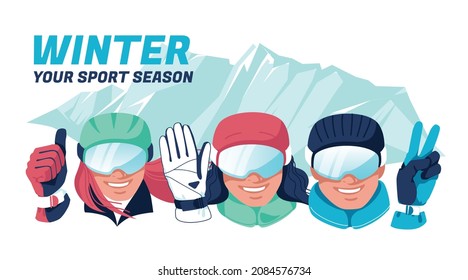 Characters of different happy people dressed in ski equipment show welcome gestures with their hands against the backdrop of a mountain landscape. Flat vector illustration