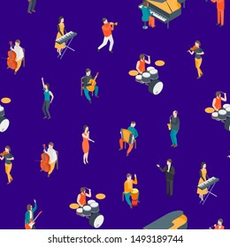 Characters Different Musicians People Seamless Pattern Background 3d Isometric View Include of Guitarist, Singer, Drummer and Saxophonist. Vector illustration