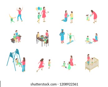 Characters Different Nanny and Children Set 3d Isometric View Care of Child, Kid or Baby Concept. Vector illustration