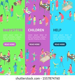 Characters Different Nanny Concept Banner Vecrtical Set 3d Isometric View Care of Child, Kid or Baby. Vector illustration