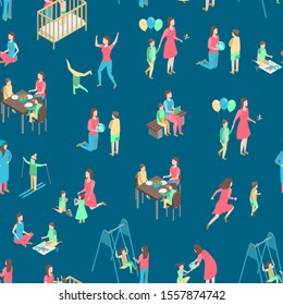 Characters Different Nanny Concept Seamless Pattern Background 3d Isometric View Care of Child, Kid or Baby. Vector illustration