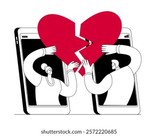 Characters from different phones connect heart. Virtual love at a distance. Vector cartoon illustration of online dating theme.