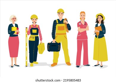 Characters of different professions, doctor, teacher, artist and builders. Vector illustration in flat style.