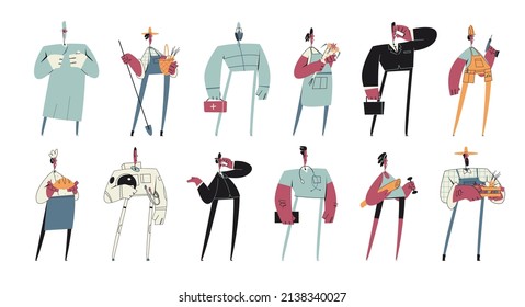 Characters of different professions in uniform. Men and women workers with various occupations, career and employment. Surgeon, farmer, nurse, florist, businesswoman. Vector illustration set.