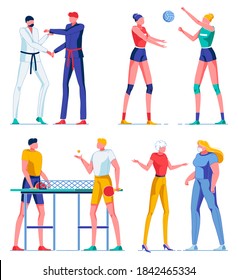 Characters in Different Sport Flat Cartoon Vector Illustration. Kind Martial Art such as Karate, Girls Playing Volleyball. Two Boy Playing Ping Pong or Table Tennis with Rackets and Ball. Doctor.