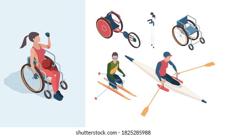 characters. Disabled sportsmen athletes male and female in summer olympic games vector isometric people