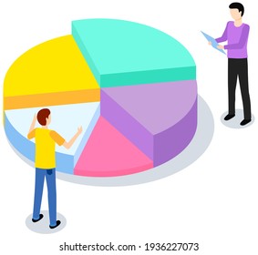 Characters discuss while working with statistical pie chart. Profit sectorized diagram, statistics