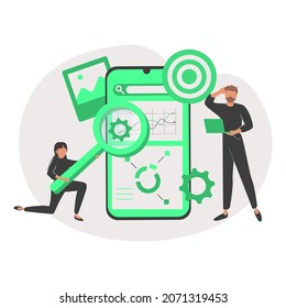 Characters discussing marketing and seo strategy. People analyzing market trends and planning seo optimization. Seo targeting and performance concept. Flat cartoon vector illustration and icons.