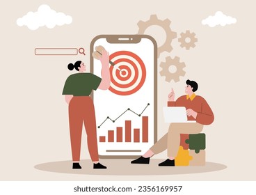 Characters discussing marketing and seo strategy. People analyzing market trends and planning seo optimization. Seo targeting and performance concept. Flat cartoon vector illustration.