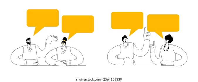 Characters discussing something. People having a dialogue. Vector illustration on the theme of dialogue art. Simple cartoon style.