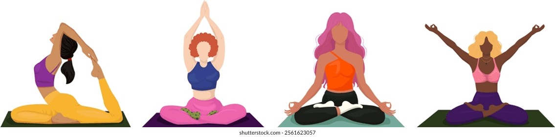 Characters doing asana figures and positions on mat. Healthy lifestyle happy people scene. Vector illustration