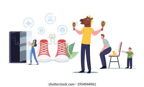 Characters Doing Prank Tricks with Friends. People Fooling, Man Wearing Horse Head Playing Maracas, Boy Put Rubber Duck on Chair to Kidding Dad, Cracked Smartphone Screen. Cartoon Vector Illustration