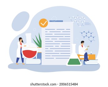 Characters doing scientific research, mixing liquids in flasks in laboratory. Scientists with equipment having chemical experiments in lab, writing paper, innovation development concept vector