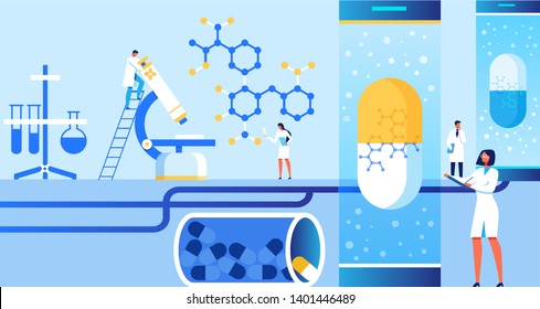 Characters Doing Scientific Researches and Experiments at Laboratory Banner Vector Illustration. Medical Equipment Test Tubes, Flasks. Clinical Diagnostics Center. Examining Pharmaceutical Medication.