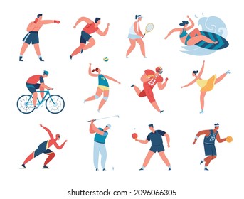 Characters doing sports activities, professional athletes training. Boxer and runner, people playing tennis, football, volleyball vector set. Man and woman having active hobby or lifestyle