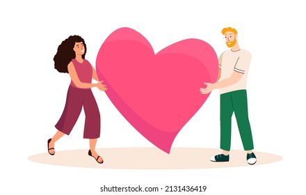 Characters Donate Concept Tiny Men and Woman Give Hearts. Charity, Social Aid, Money Donation Volunteer Support, Sponsorship Service, Volunteering Humanitarian Team. Cartoon People Vector Illustration