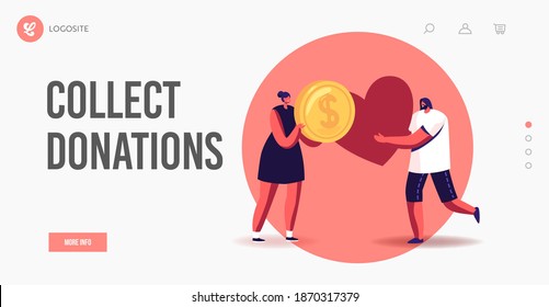 Characters Donate Money and Heart Landing Page Template. Tiny People Charity, Social Aid, Donation Support, Volunteer Sponsorship Service, Volunteering Humanitarian Team. Cartoon Vector Illustration