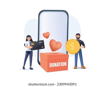 Characters donating money 3D illustration set. Volunteers putting coins in donation box and donating with credit card online. Financial support and fundraising concept. 3D render Vector illustration