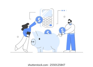 Characters Donating Money for Charity, Collecting Coins in Piggy Bank. Charity Support and Saving Money Concept. Flat Cartoon Vector Illustration, icon. Stylish abstract