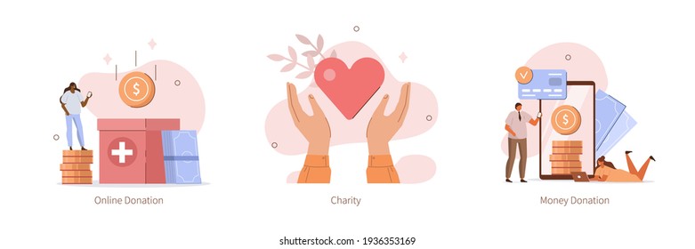 Characters Donating Money for Charity Online. Volunteers Collecting and Putting Coins And Banknotes in Donation Box. Charity Support and Fundraising Concept. Flat Cartoon Vector Illustration.