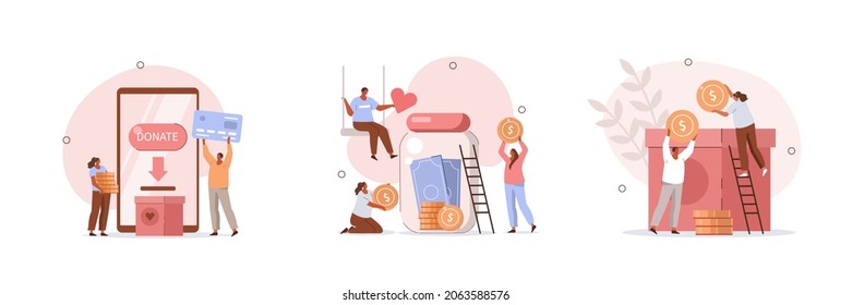 Characters donating money illustration set. Volunteers putting coins in donation box and donating with credit card online. Financial support and fundraising concept. Vector illustration.