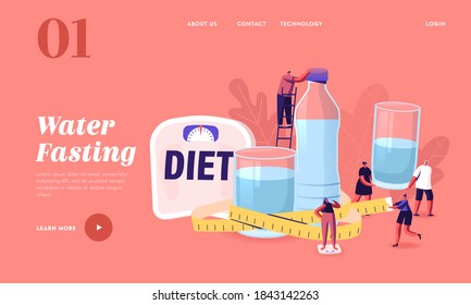 Characters Drink Water on Diet Landing Page Template. Tiny Men and Women at Huge Bottle and Glasses with Fresh Pure Aqua and Scales for Weight Control and Healt. Cartoon People Vector Illustration