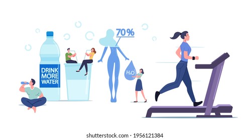 Characters Drink Water to Stay Hydrated. Tiny People at Huge Bottle and Glass with Pure Aqua. Woman Exercising on Treadmill. Weight Control, Healthy Lifestyle and Beauty. Cartoon Vector Illustration